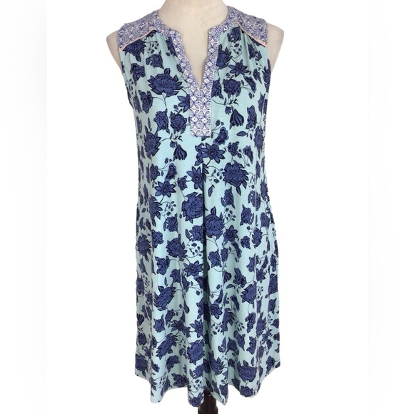 J Jill Floral Sleeveless Aqua Blue V Neck Dress Women’s Size Small Petite NEW - Picture 2 of 13